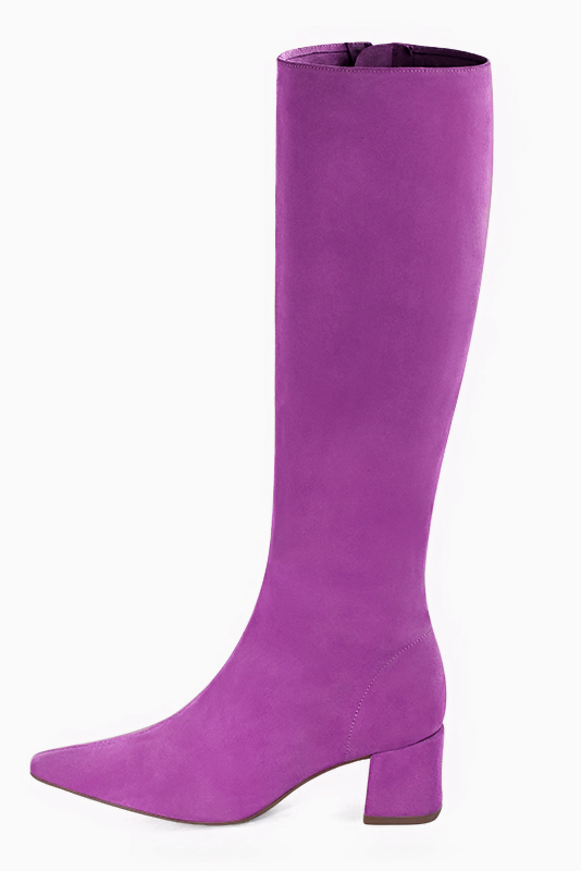 Mauve purple women's feminine knee-high boots. Tapered toe. Medium block heels. Made to measure. Profile view - Florence KOOIJMAN